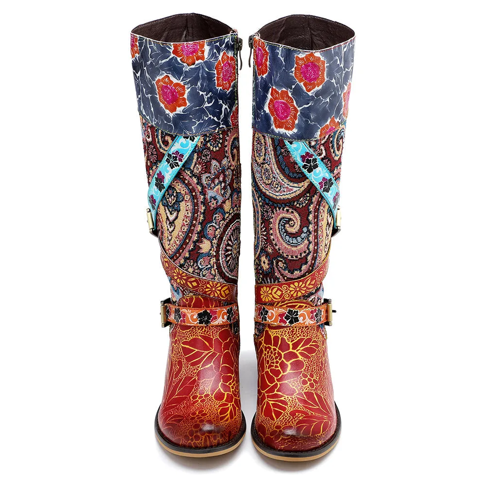 Zalor Patchwork Bohemian Vintage Leather Knee High Boots