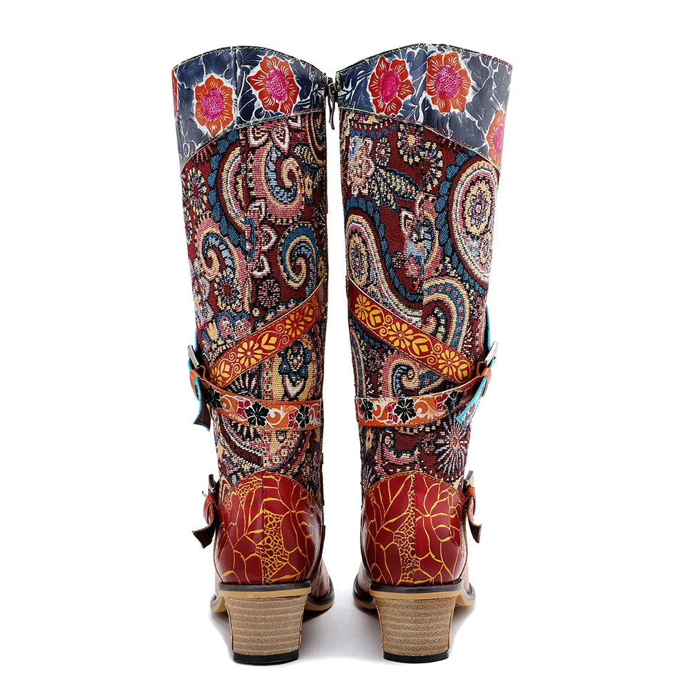 Zalor Patchwork Bohemian Vintage Leather Knee High Boots