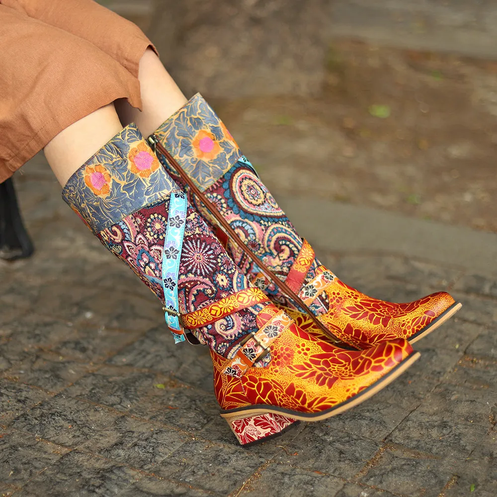 Zalor Patchwork Bohemian Vintage Leather Knee High Boots