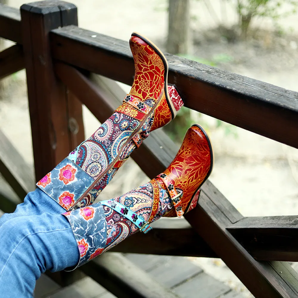Zalor Patchwork Bohemian Vintage Leather Knee High Boots
