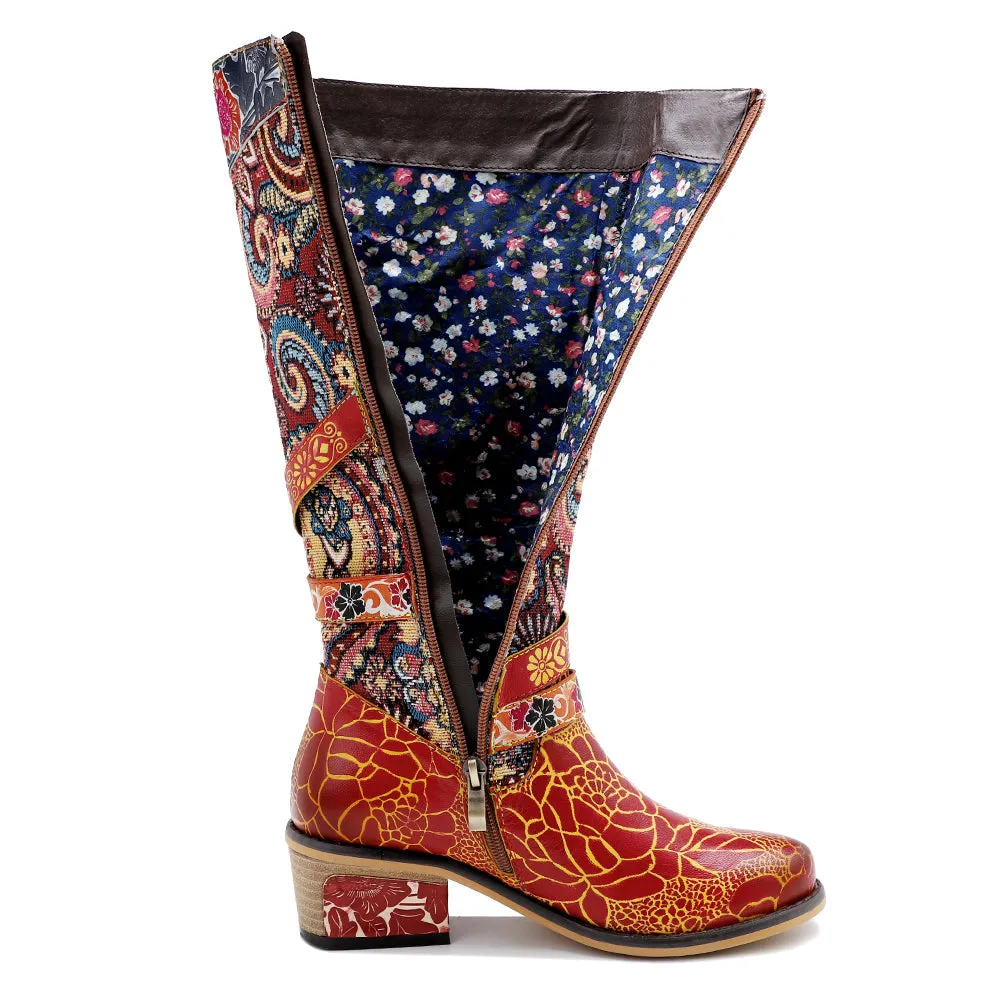 Zalor Patchwork Bohemian Vintage Leather Knee High Boots
