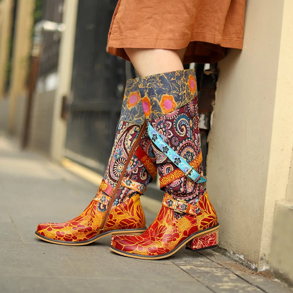 Zalor Patchwork Bohemian Vintage Leather Knee High Boots
