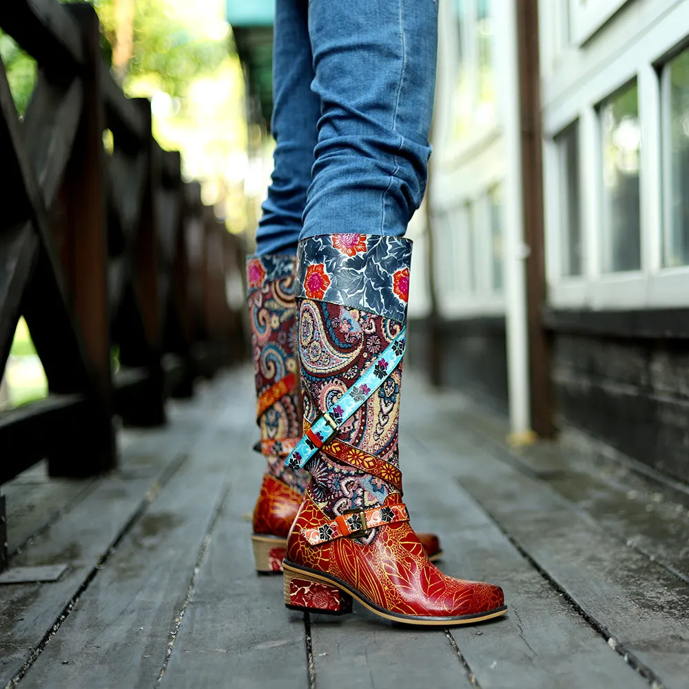 Zalor Patchwork Bohemian Vintage Leather Knee High Boots