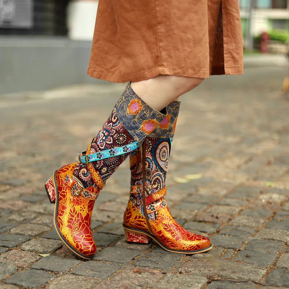 Zalor Patchwork Bohemian Vintage Leather Knee High Boots