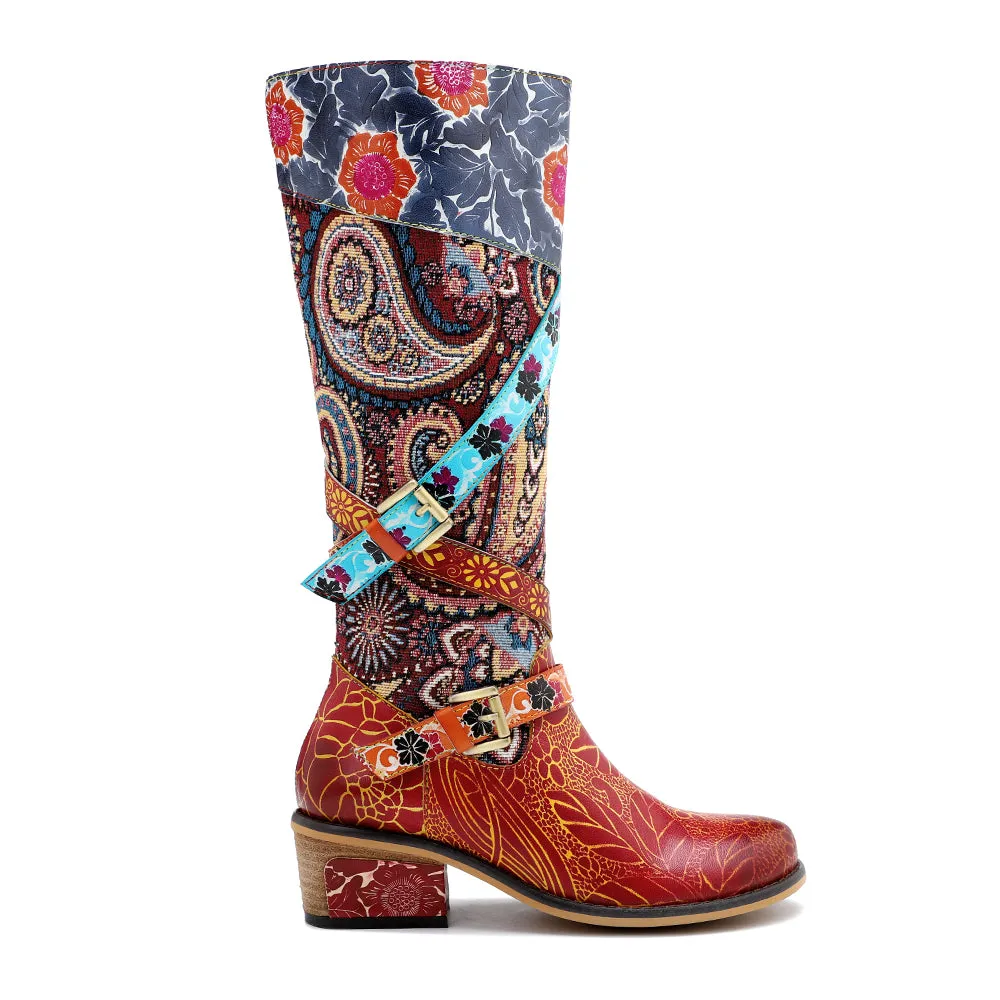 Zalor Patchwork Bohemian Vintage Leather Knee High Boots