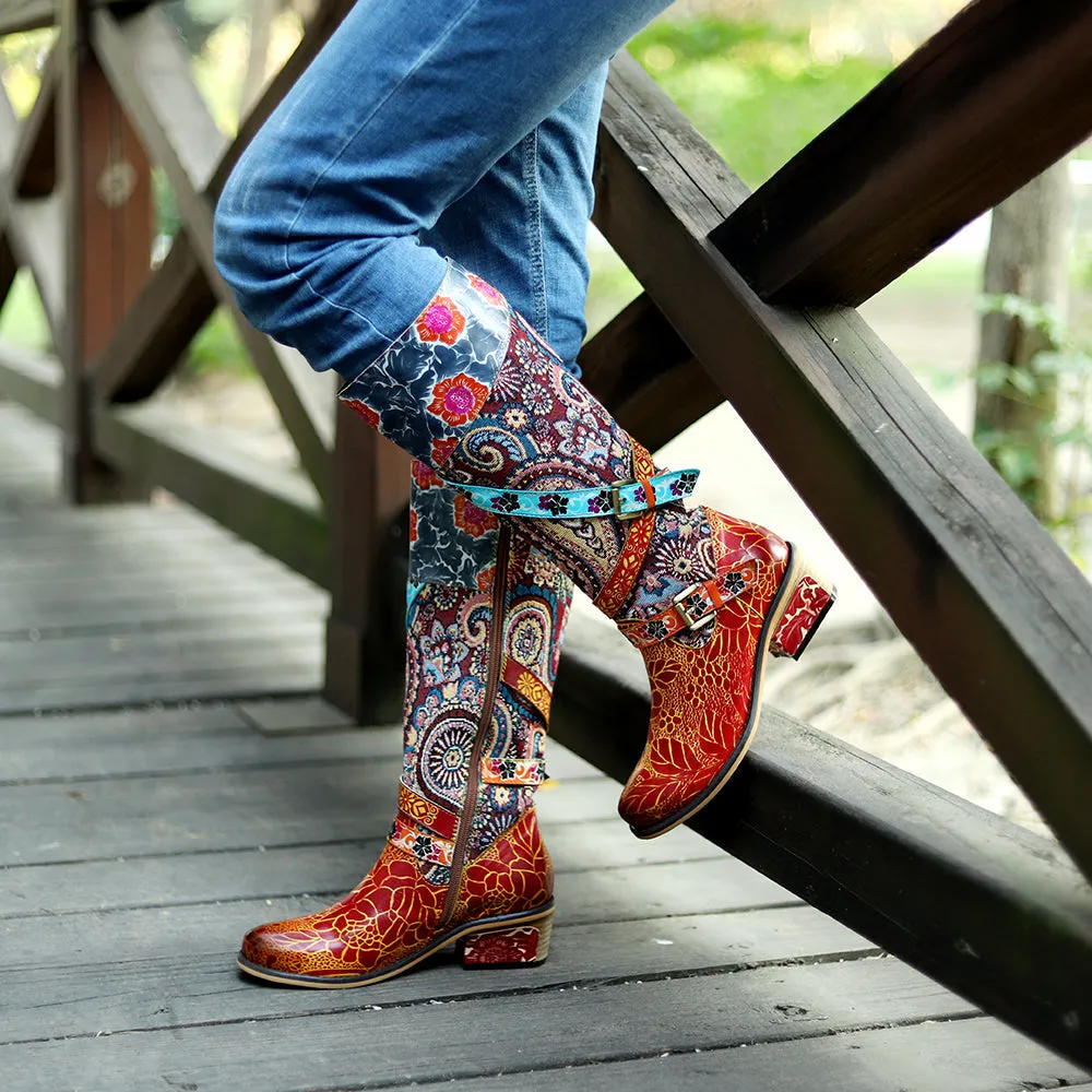 Zalor Patchwork Bohemian Vintage Leather Knee High Boots