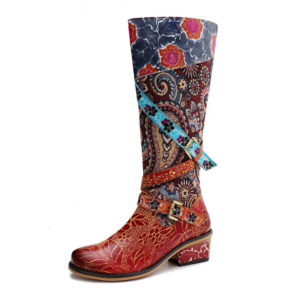 Zalor Patchwork Bohemian Vintage Leather Knee High Boots