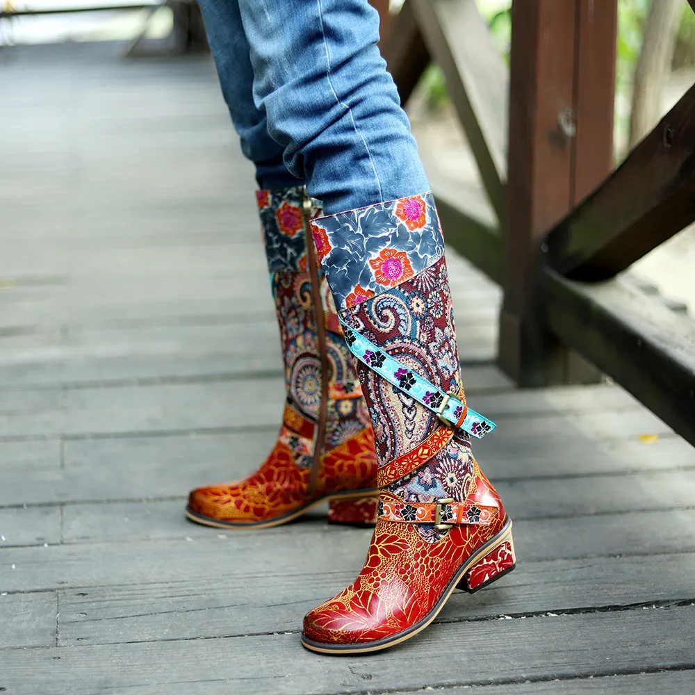Zalor Patchwork Bohemian Vintage Leather Knee High Boots