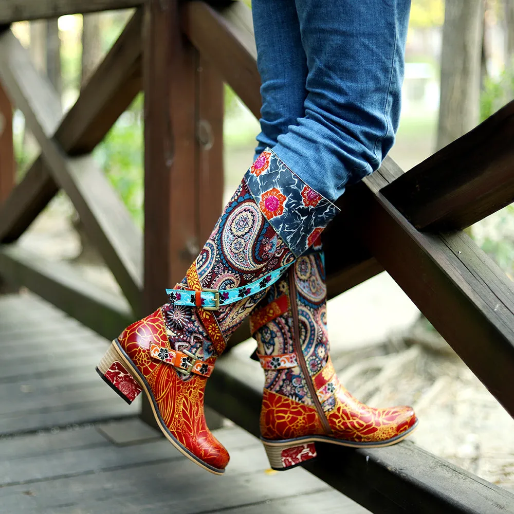 Zalor Patchwork Bohemian Vintage Leather Knee High Boots