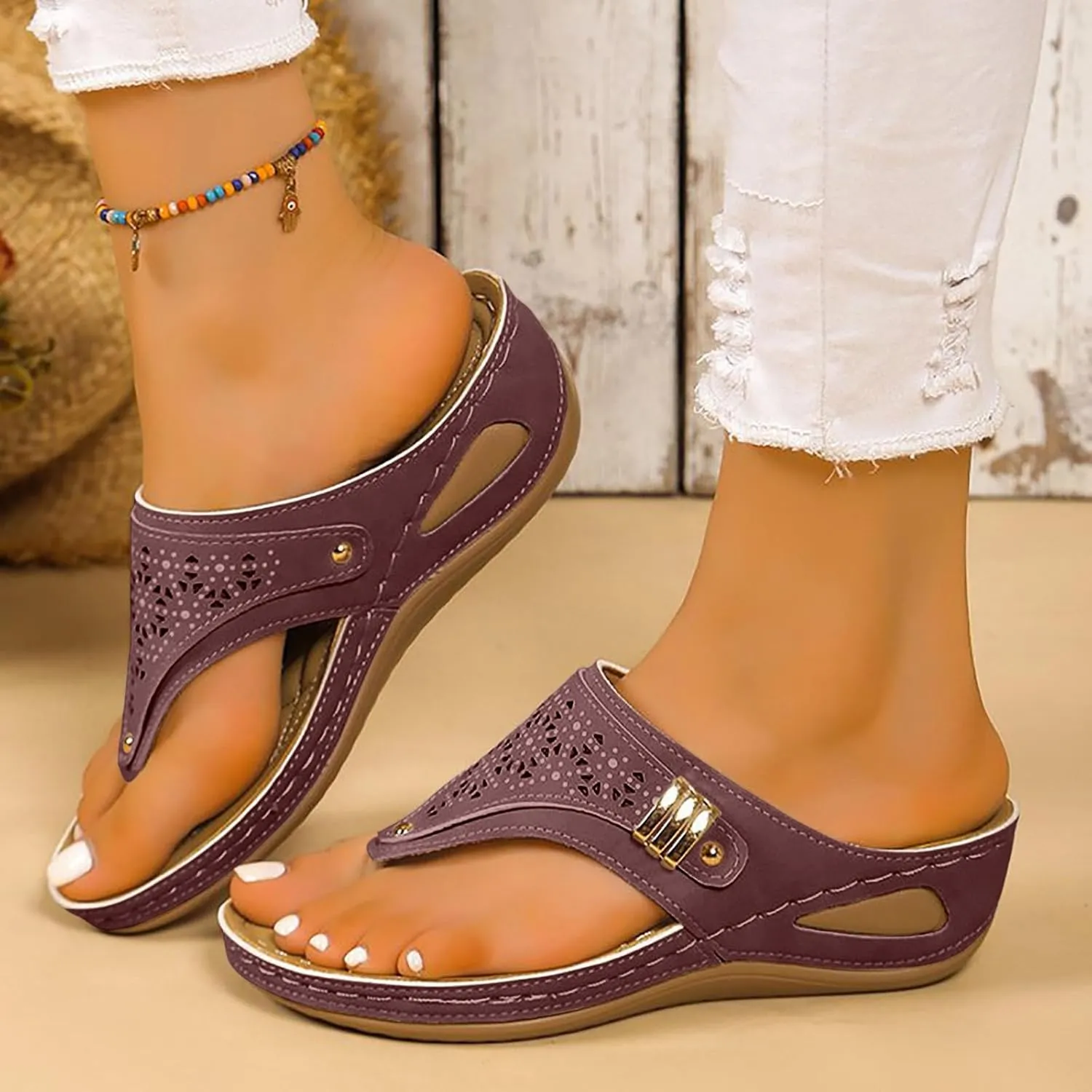 ZSpzx Orthopedic Sandals for Women,2025 Arch Support Wedge Flip Flops Slide Dressy Summer Comfortable Open Toe Womens Slip on Beach Boho Platform Outdoor Walking Shoes