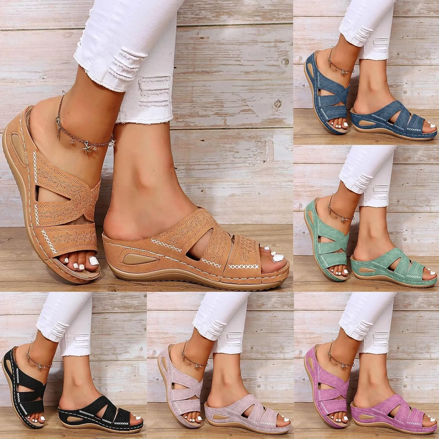 ZSpzx Summer Sandals For Women 2025 Comfortable Hollow Out Orthopedic Wedge Dressy Open Toe Slippers Casual Boho Slip on Beach Outdoor Walking Shoes for Party Casual Beach Vacation