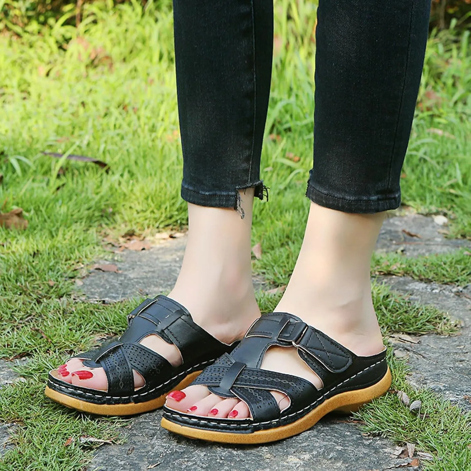 ZSpzx Women's Slide Sandals,Open Toe Crisscross Straps Slip on Wedge Sandals for Women Dressy Summer Comfortable Slides Sandalias Slippers Memory Foam Plantar Fasciitis Walking Beach Shoes